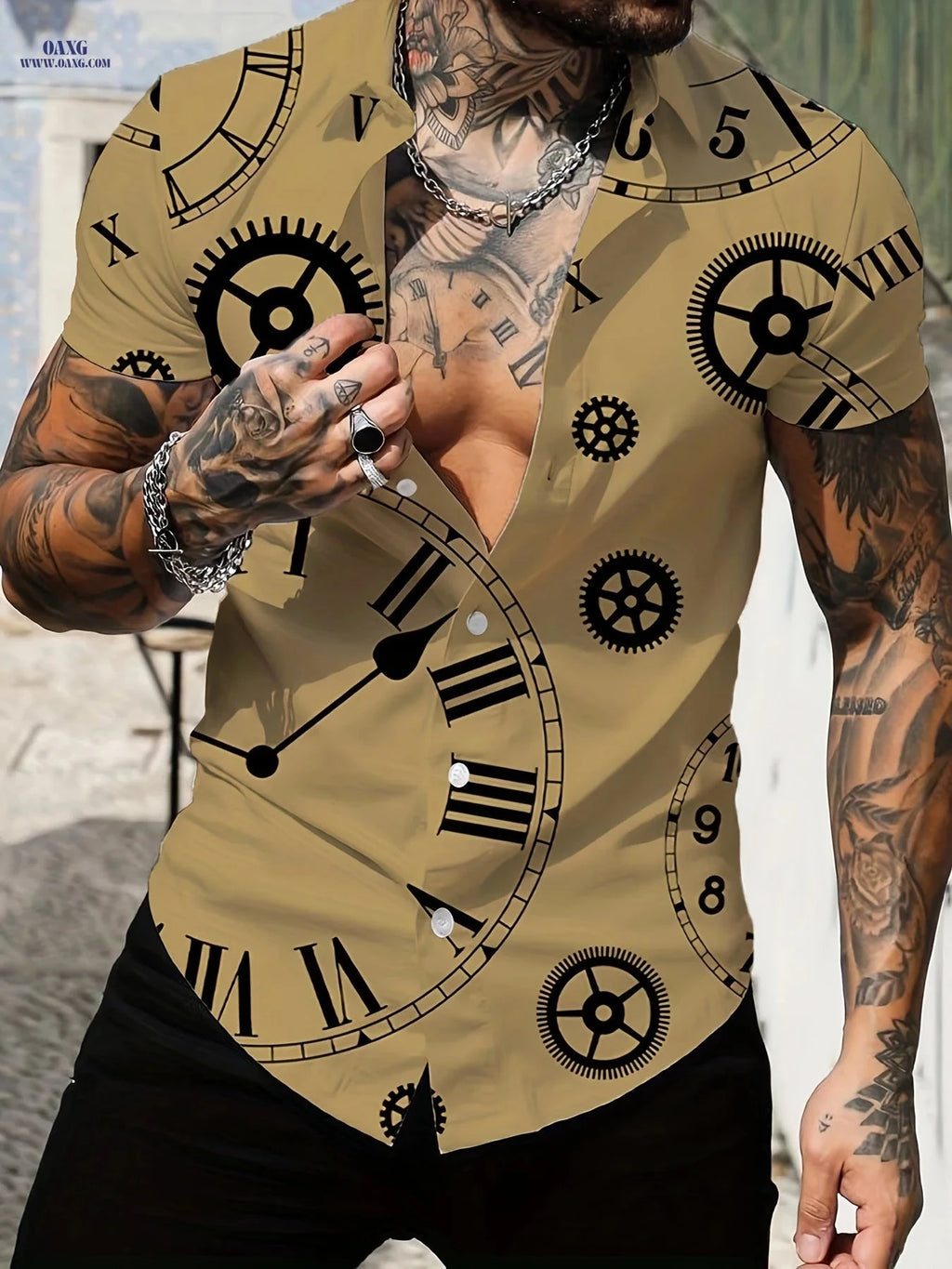 Casual Lapel Shirt for Men - Retro Print Summer Top, Loose Fit   OAXG White / FR S