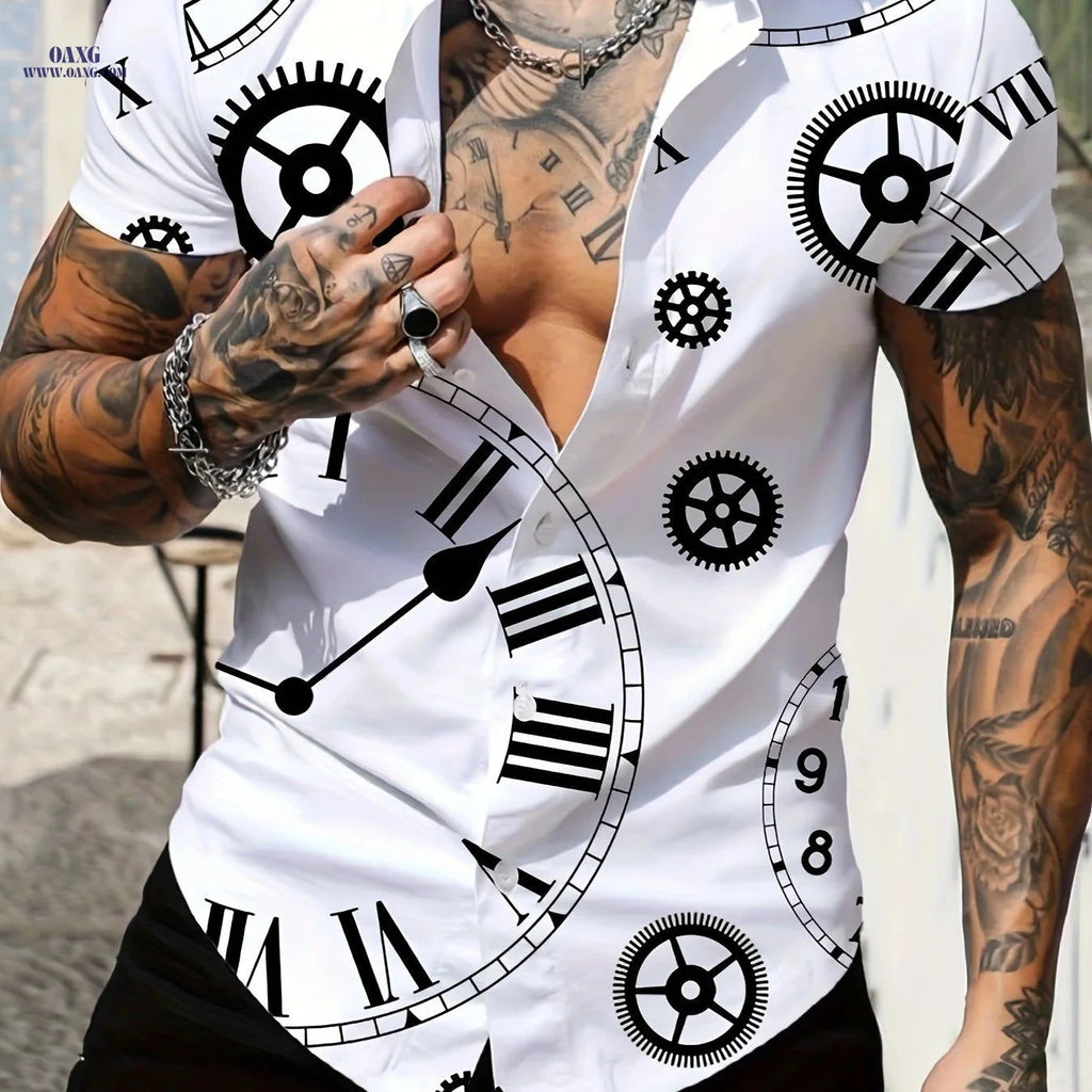 Casual Lapel Shirt for Men - Retro Print Summer Top, Loose Fit   OAXG White / FR S