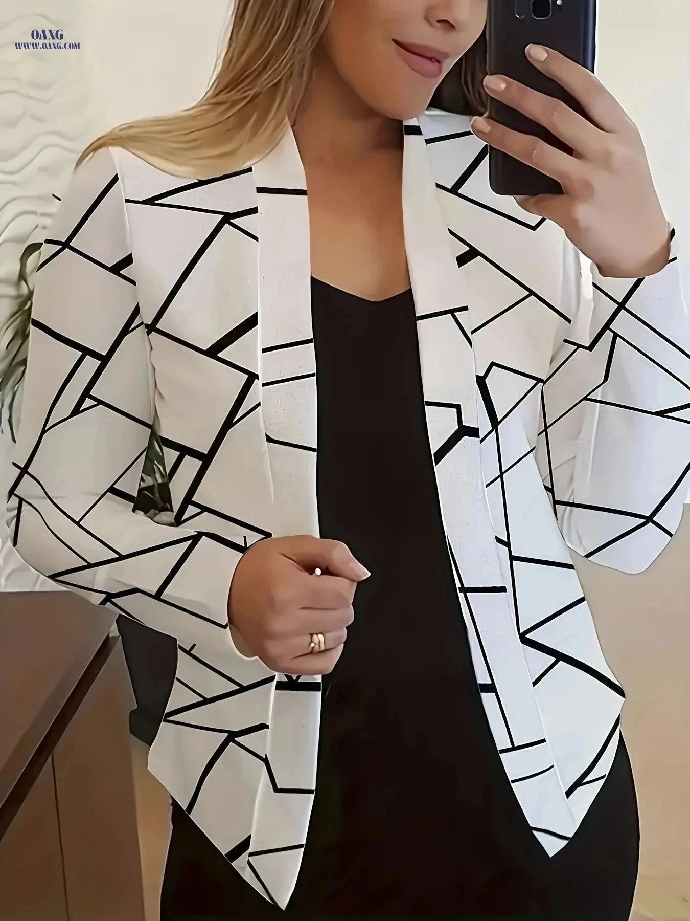 Casual Long-Sleeve Blazer Top - European & American Style Print   OAXG White / S