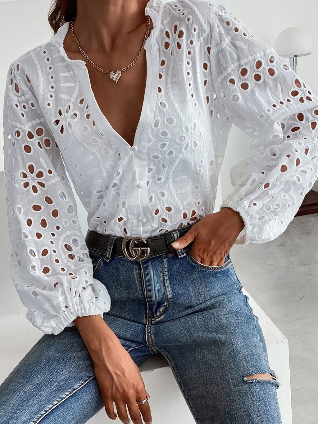 Casual Long-Sleeve Shirt Made of Embroidered Lace Fabric for Women   OAXG White / S