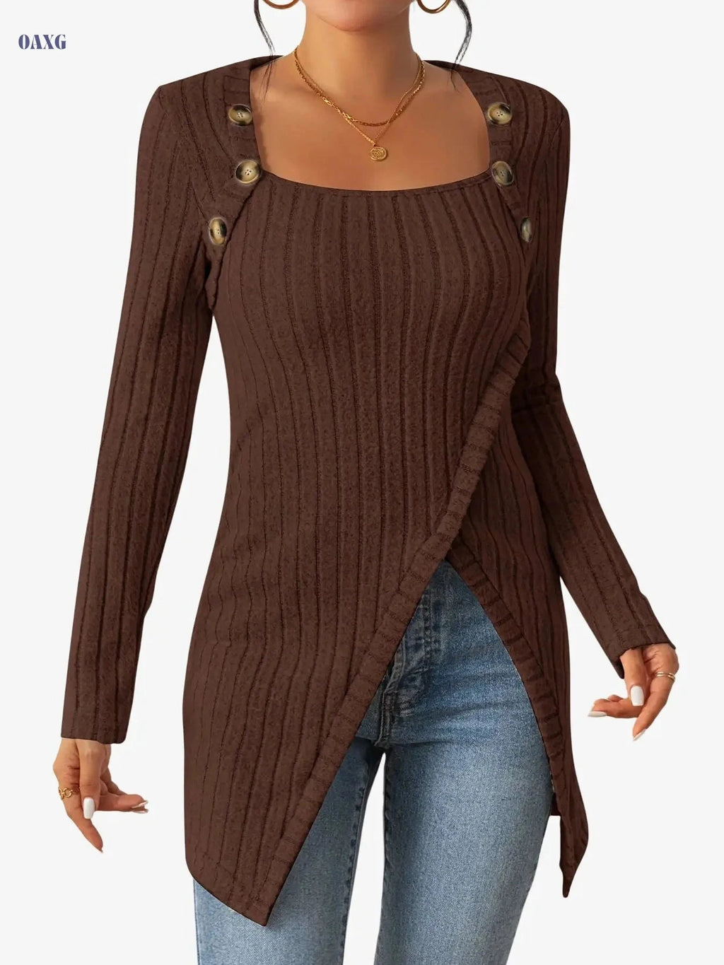 Casual Long Sleeve Square Neck T-shirt - Slim Fit, Button Decor   OAXG Black / XL