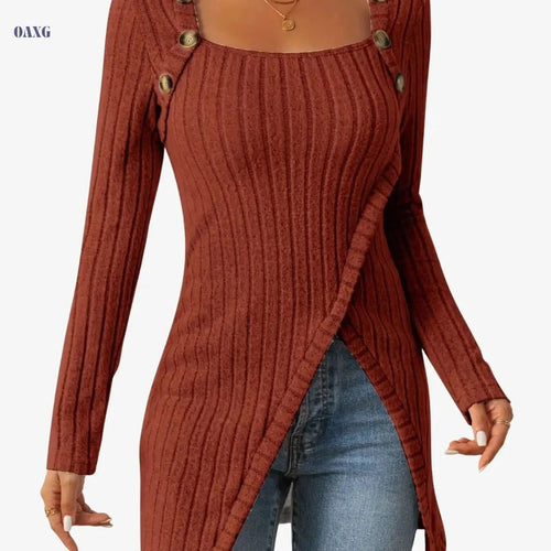 Casual Long Sleeve Square Neck T-shirt - Slim Fit, Button Decor   OAXG Black / XL