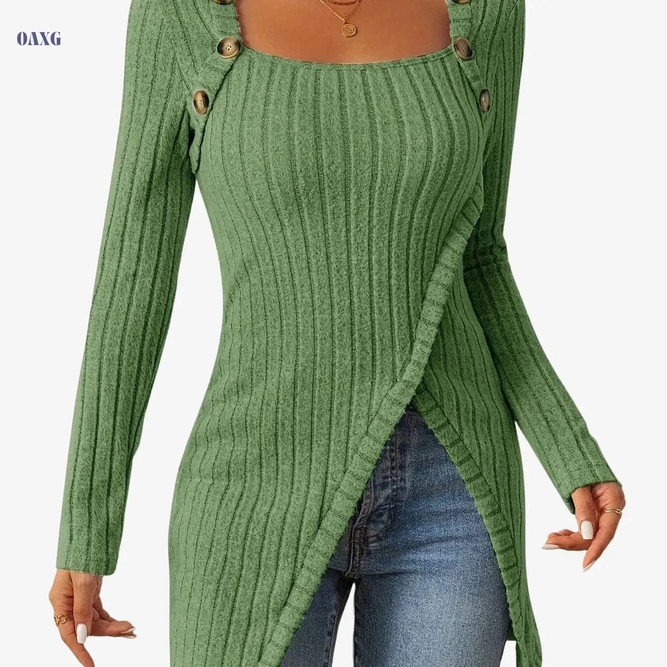 Casual Long Sleeve Square Neck T-shirt - Slim Fit, Button Decor   OAXG Black / XL