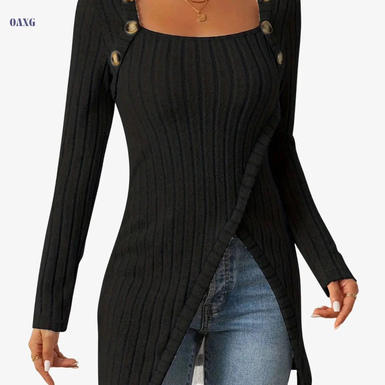 Casual Long Sleeve Square Neck T-shirt - Slim Fit, Button Decor   OAXG Black / XL