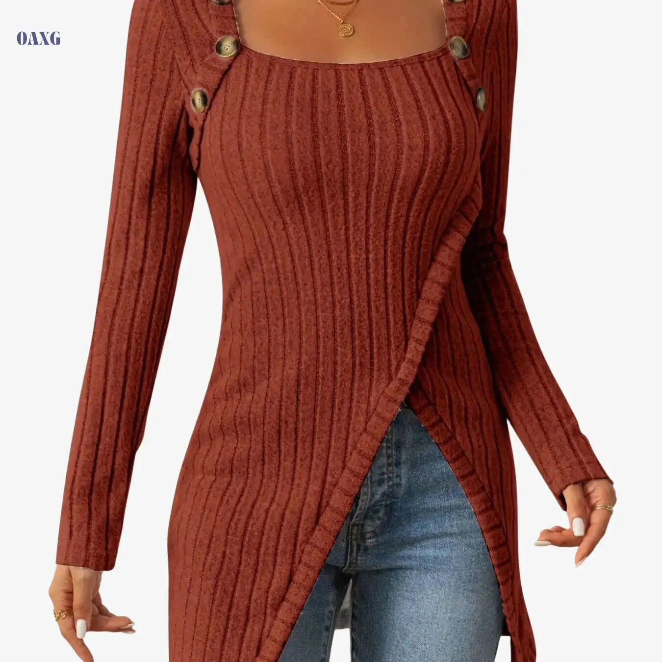 Casual Long Sleeve Square Neck T-shirt - Slim Fit, Button Decor   OAXG 