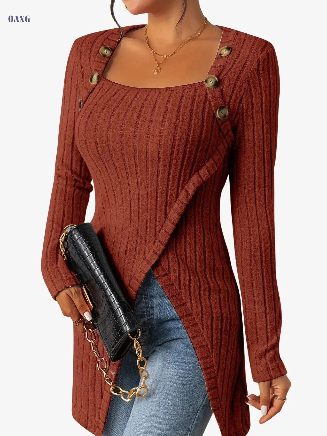 Casual Long Sleeve Square Neck T-shirt - Slim Fit, Button Decor   OAXG 