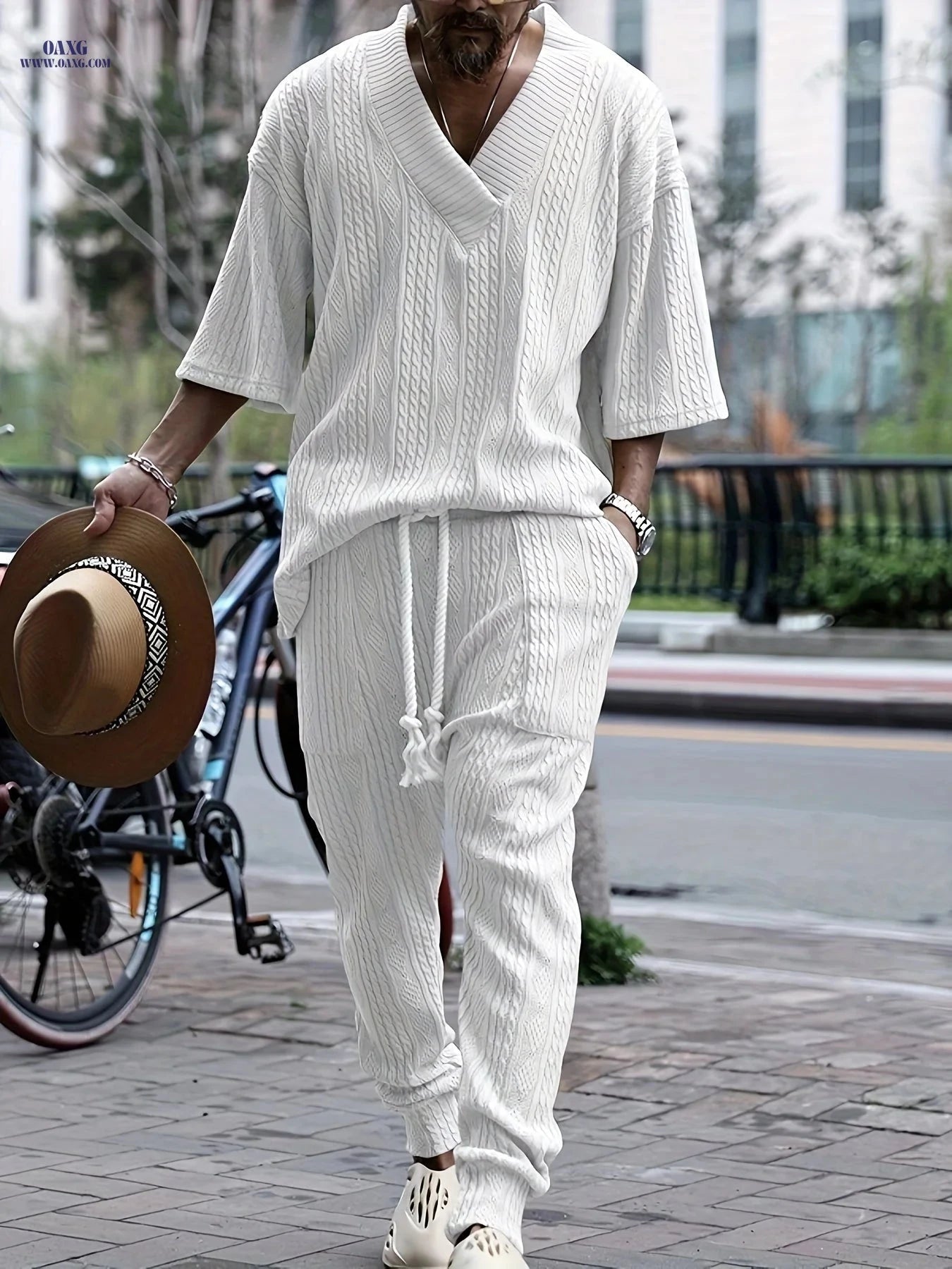 Casual Loose 3/4 Sleeve Jacquard Knit Top & Pants Set for Men   OAXG 