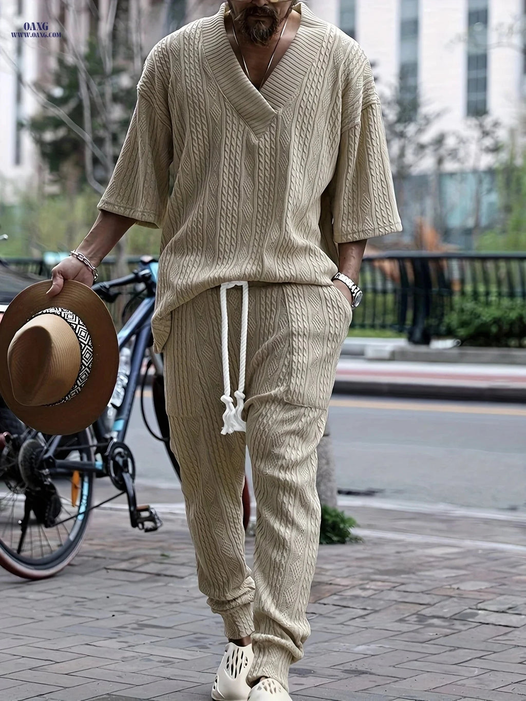 Casual Loose 3/4 Sleeve Jacquard Knit Top & Pants Set for Men   OAXG 