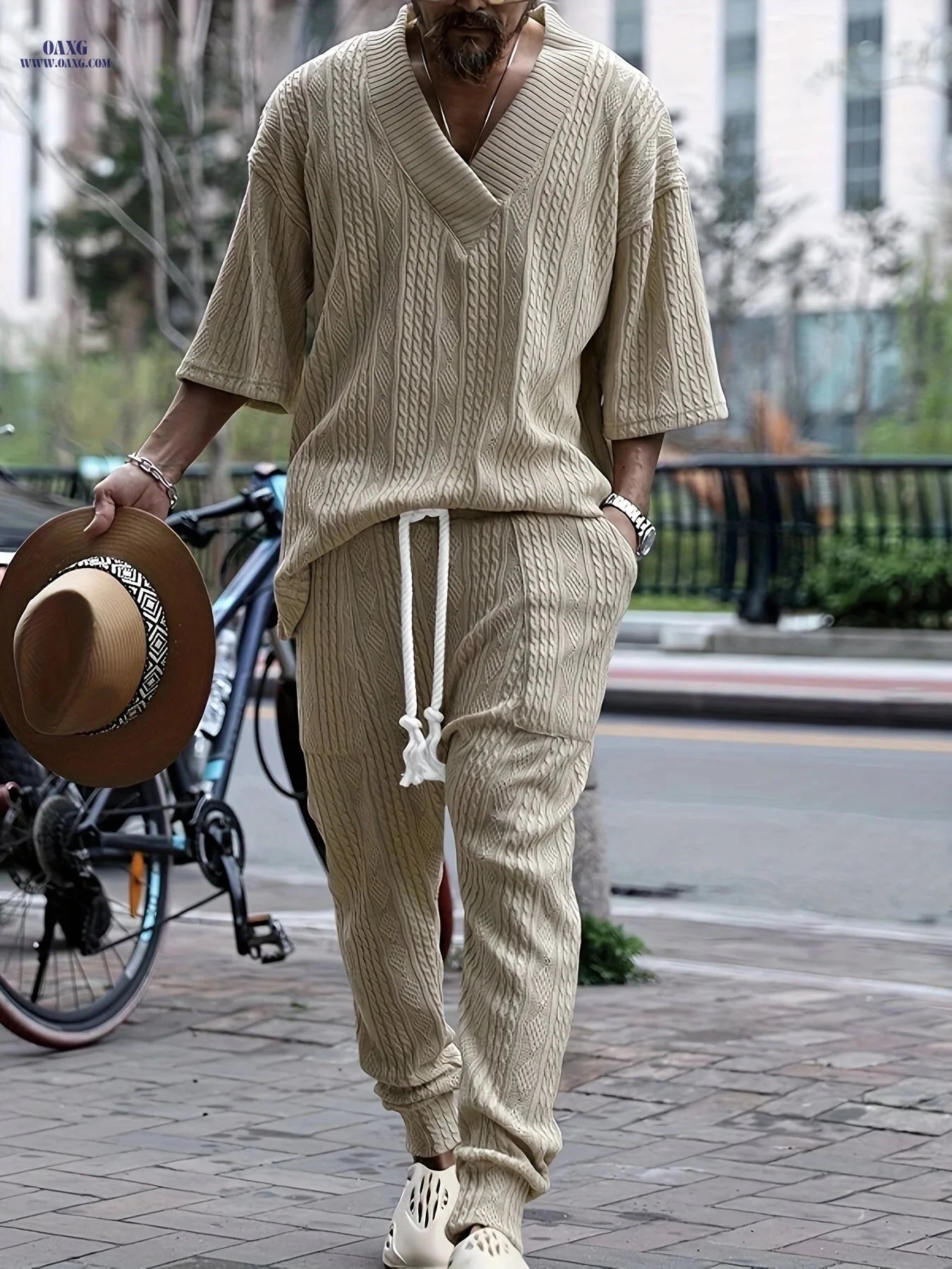 Casual Loose 3/4 Sleeve Jacquard Knit Top & Pants Set for Men   OAXG 