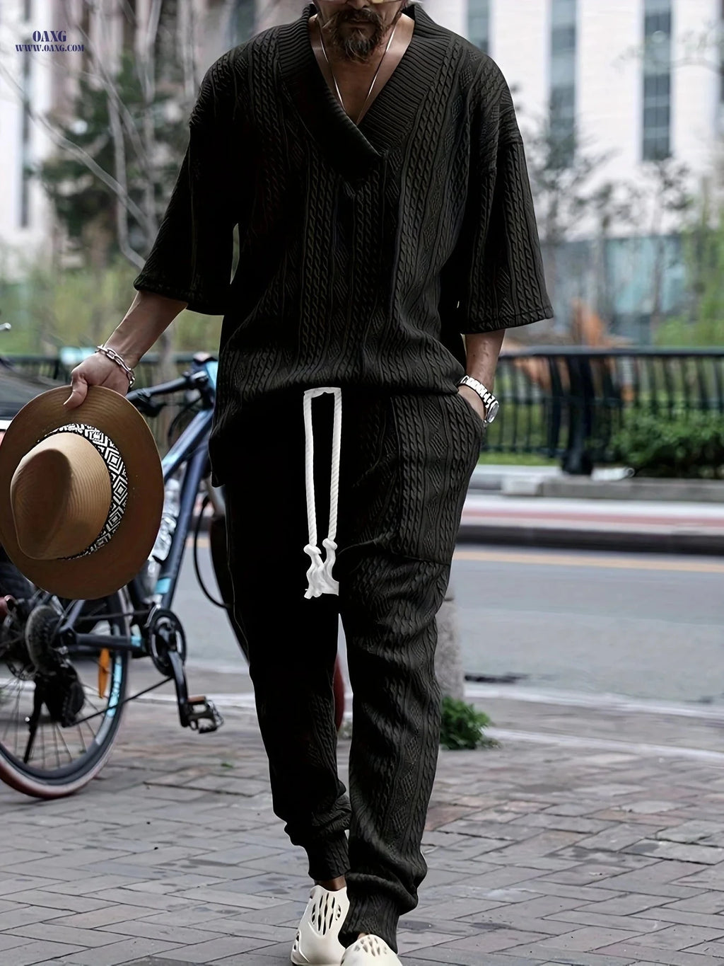 Casual Loose 3/4 Sleeve Jacquard Knit Top & Pants Set for Men   OAXG 