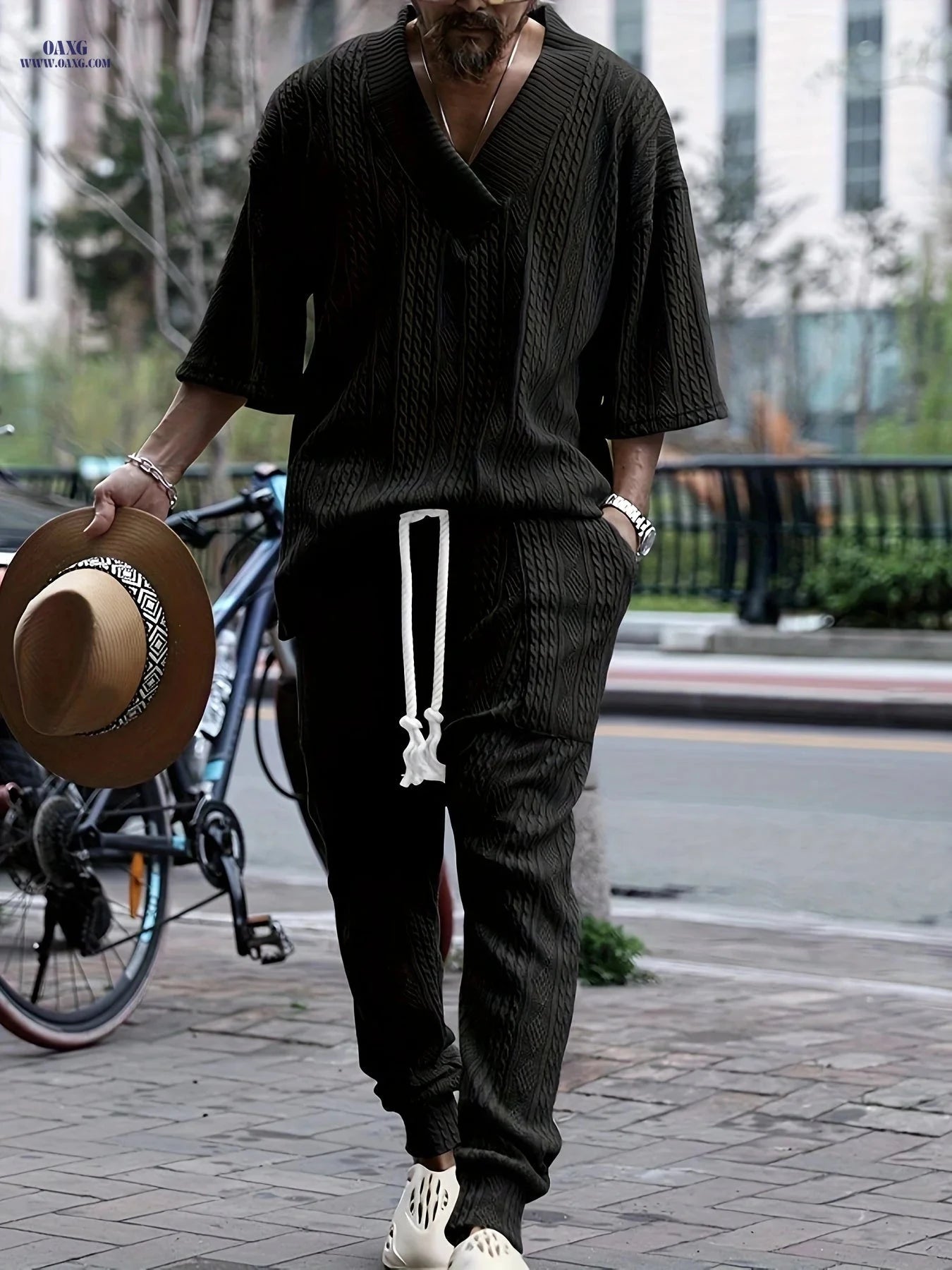 Casual Loose 3/4 Sleeve Jacquard Knit Top & Pants Set for Men   OAXG 
