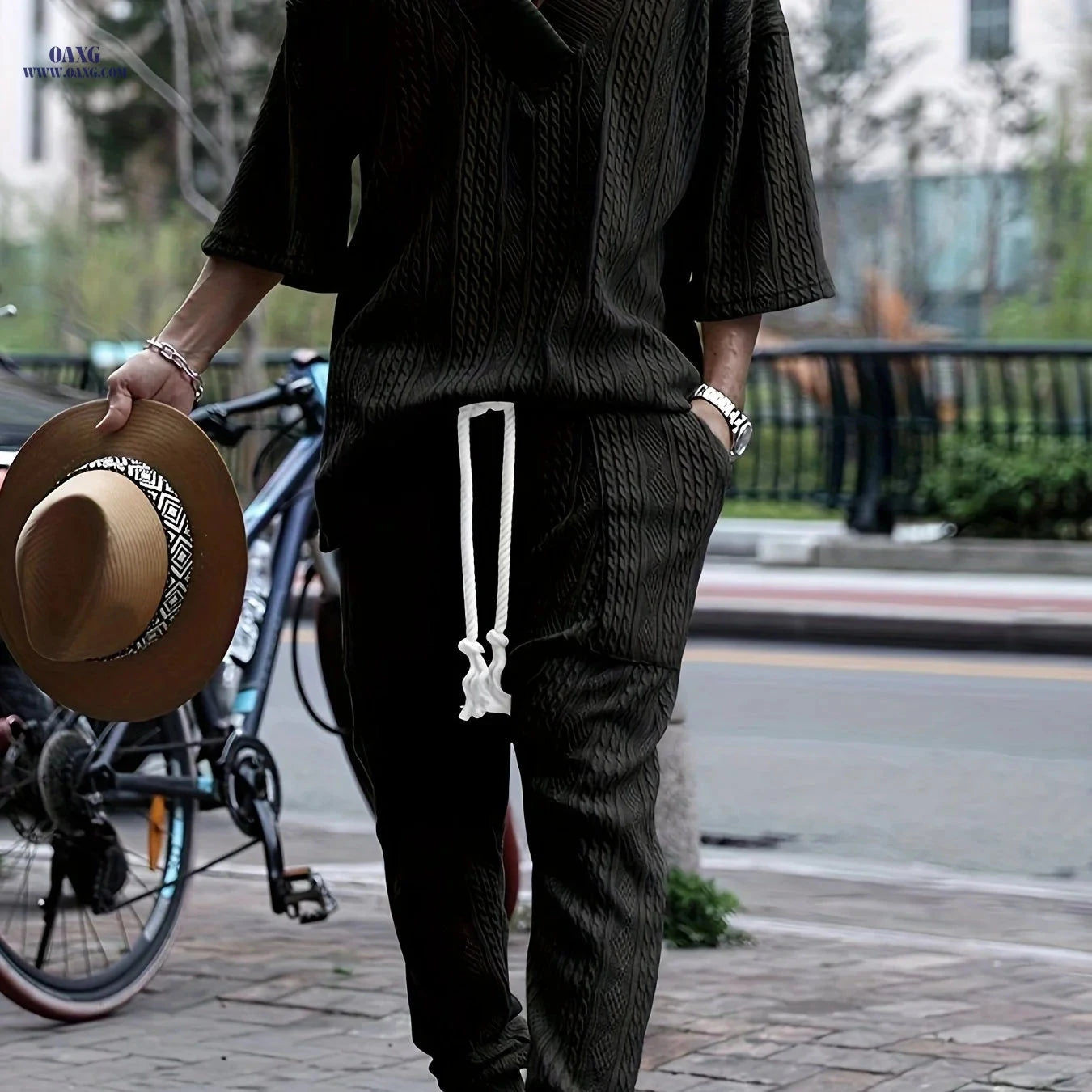 Casual Loose 3/4 Sleeve Jacquard Knit Top & Pants Set for Men   OAXG 