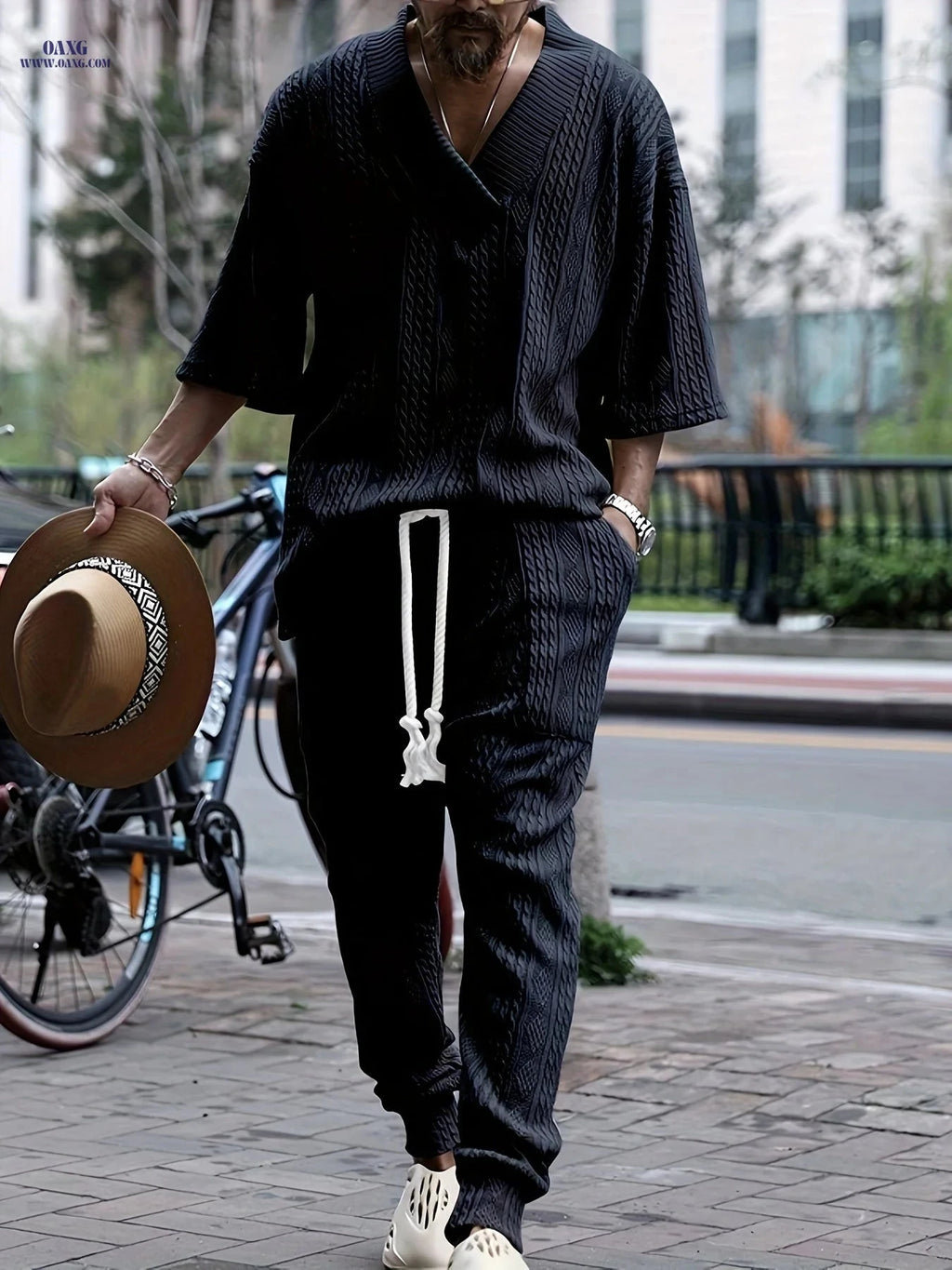 Casual Loose 3/4 Sleeve Jacquard Knit Top & Pants Set for Men   OAXG 