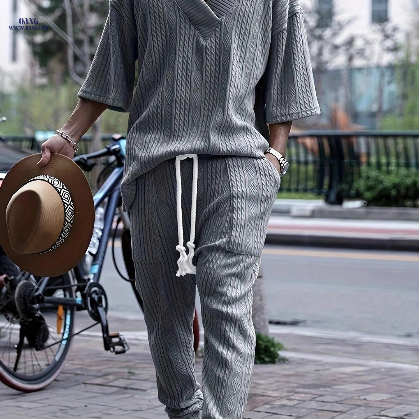 Casual Loose 3/4 Sleeve Jacquard Knit Top & Pants Set for Men   OAXG 