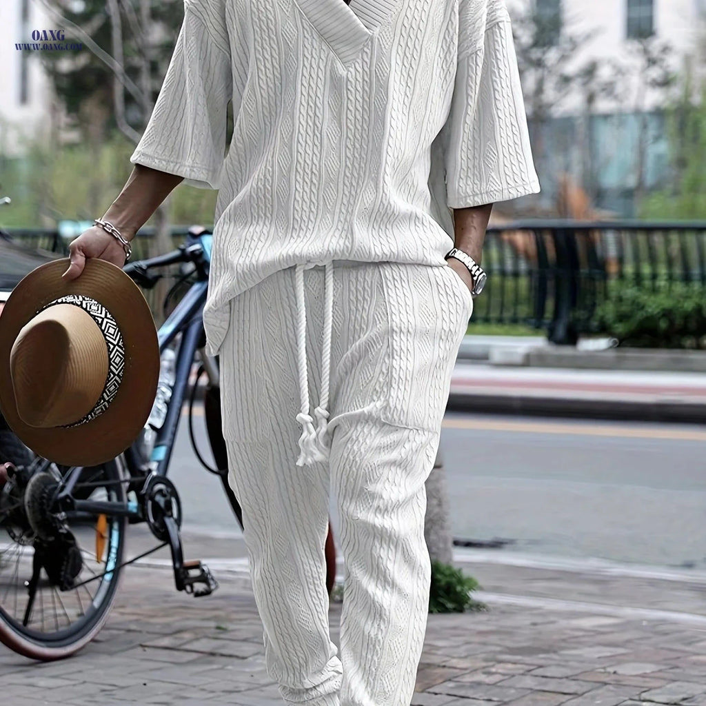 Casual Loose 3/4 Sleeve Jacquard Knit Top & Pants Set for Men   OAXG 