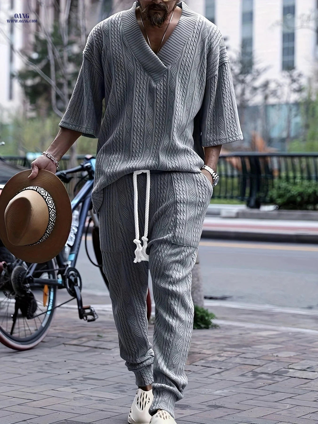 Casual Loose 3/4 Sleeve Jacquard Knit Top & Pants Set for Men   OAXG White / FR S