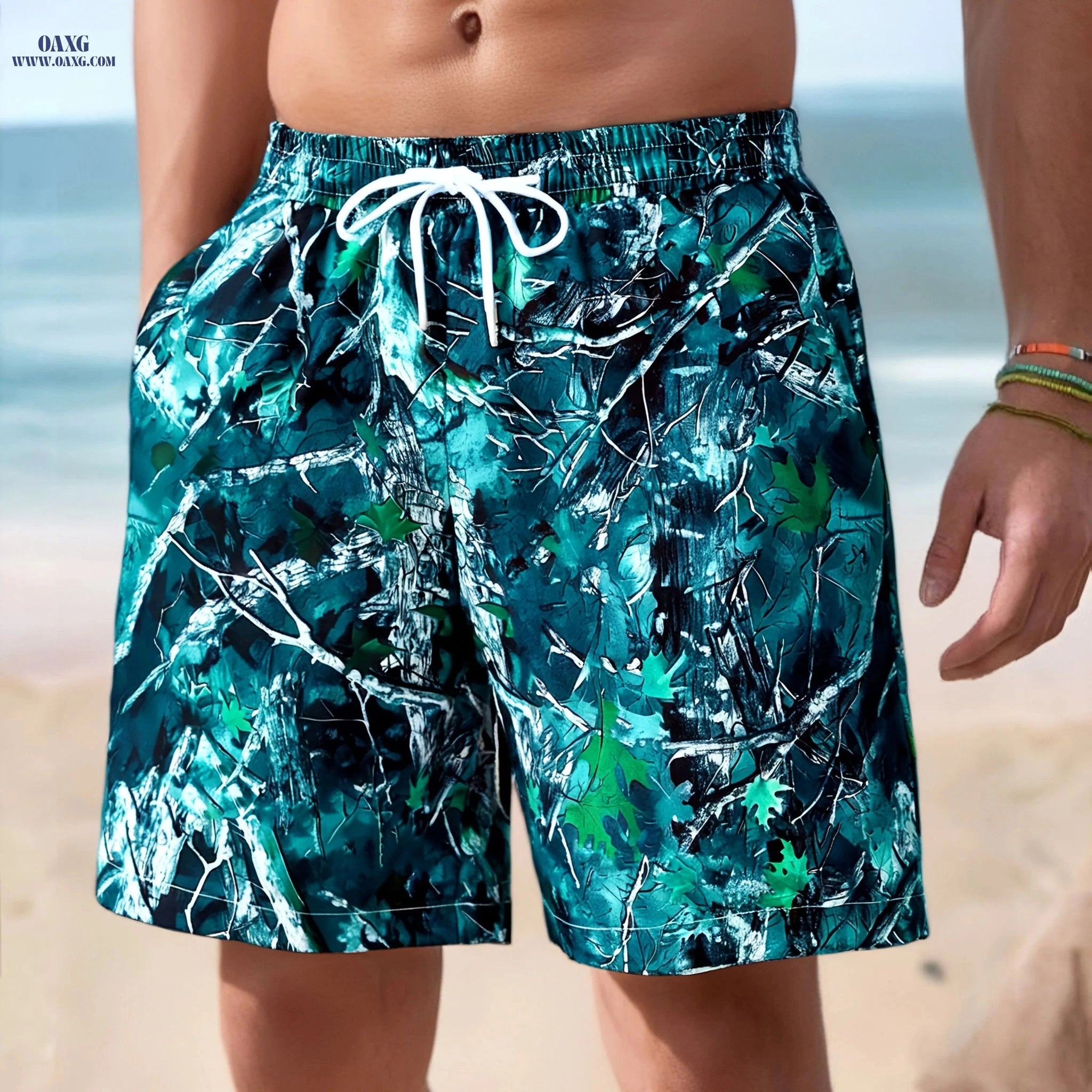 Casual Loose Beach Pants - Versatile Leaf Print for Men   OAXG 