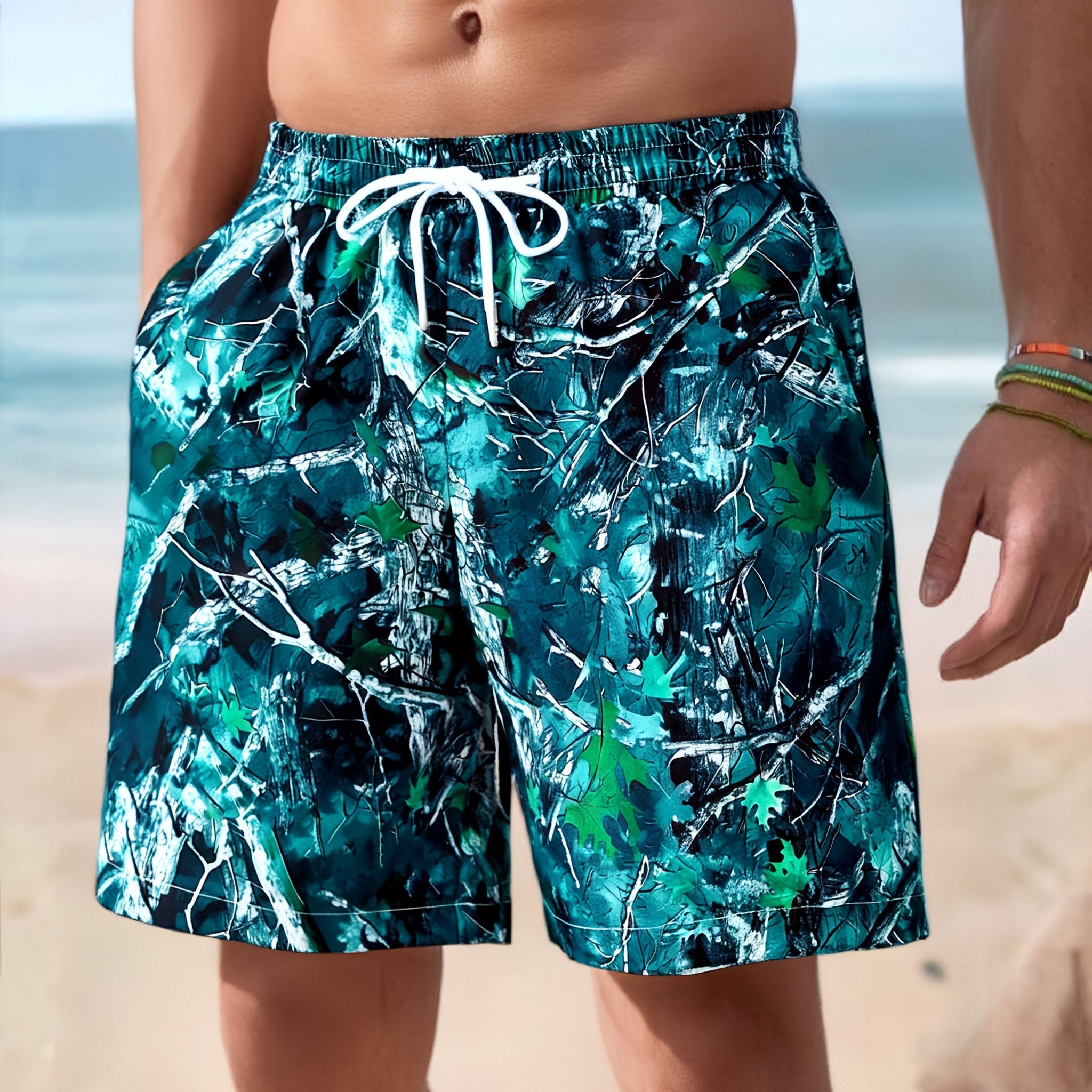 Casual Loose Beach Pants - Versatile Leaf Print for Men   OAXG 