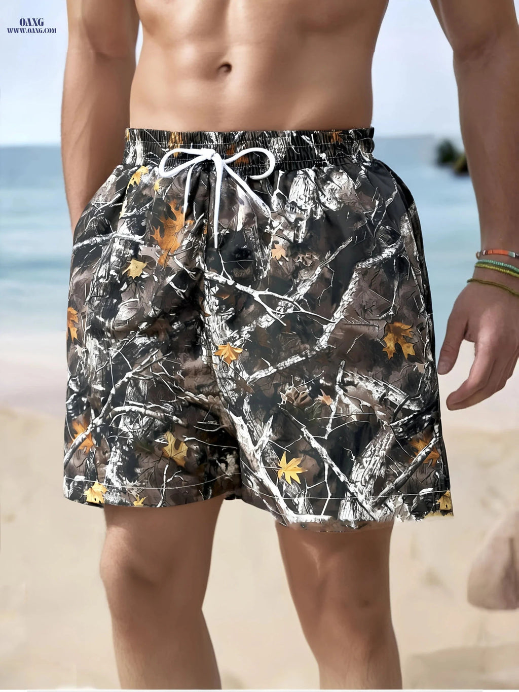 Casual Loose Beach Pants - Versatile Leaf Print for Men   OAXG 