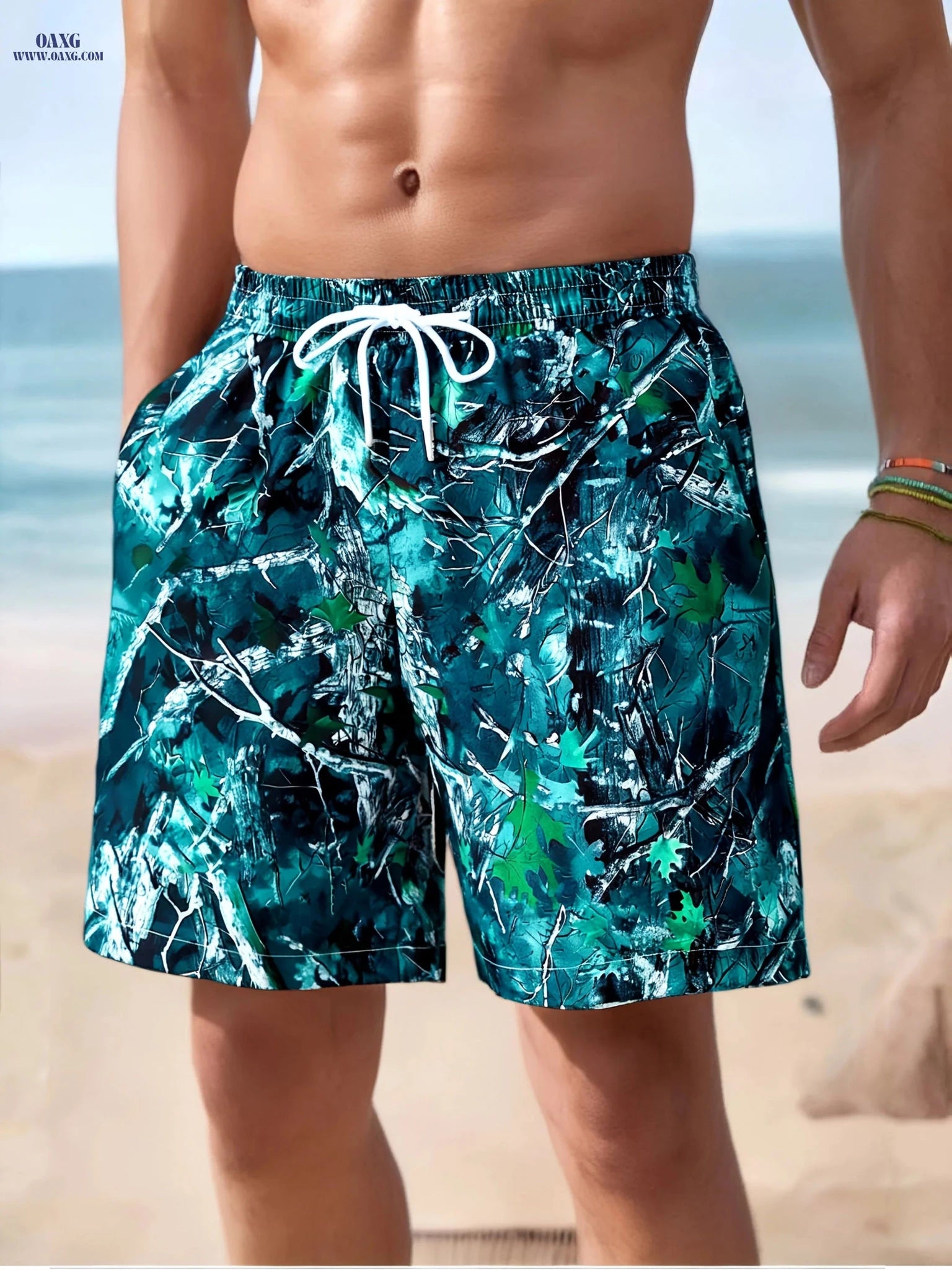 Casual Loose Beach Pants - Versatile Leaf Print for Men   OAXG Black / FR S