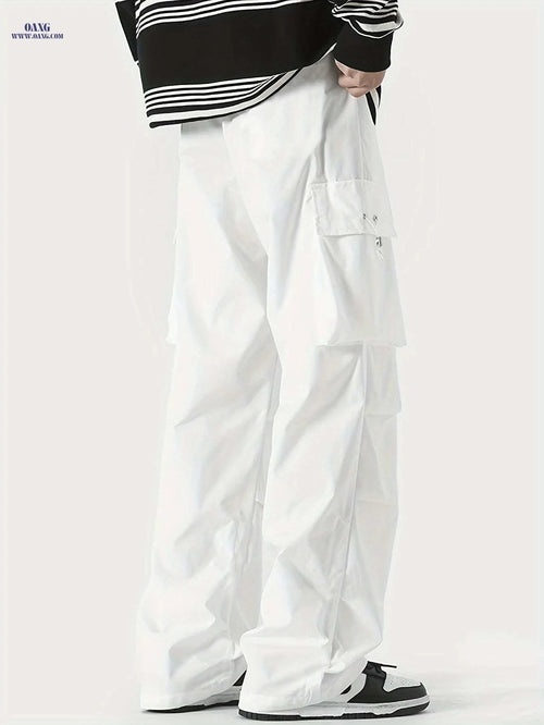 Casual Loose Fit Cargo Pants for Men - Solid Color, Multiple Pockets   OAXG White / XS