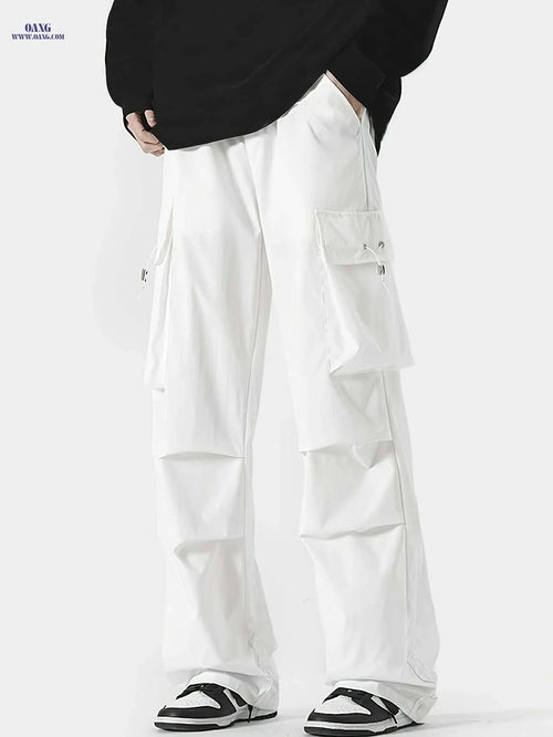Casual Loose Fit Cargo Pants for Men - Solid Color, Multiple Pockets   OAXG White / XS