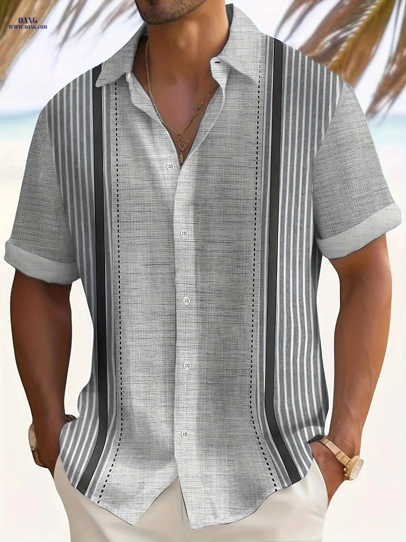 Casual Loose-Fit Men's Summer Shirt - Patchwork Vertical Stripes   OAXG 