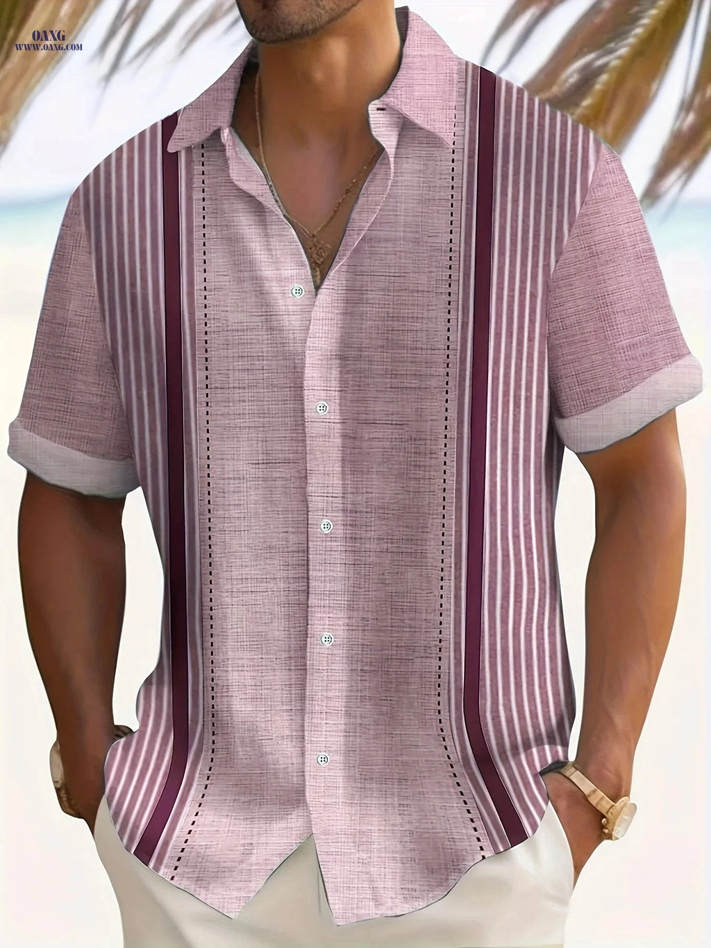 Casual Loose-Fit Men's Summer Shirt - Patchwork Vertical Stripes   OAXG 