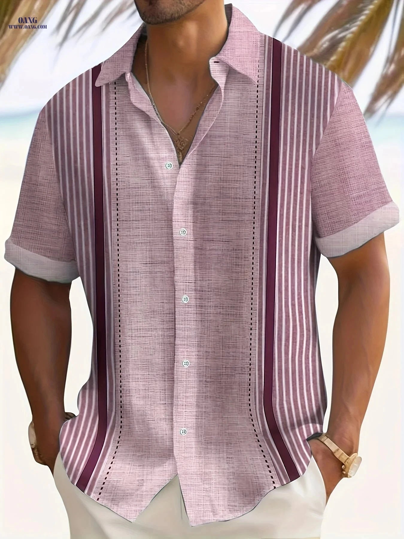 Casual Loose-Fit Men's Summer Shirt - Patchwork Vertical Stripes   OAXG 