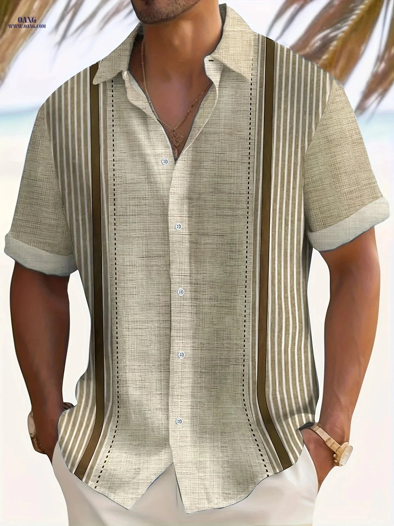 Casual Loose-Fit Men's Summer Shirt - Patchwork Vertical Stripes   OAXG 