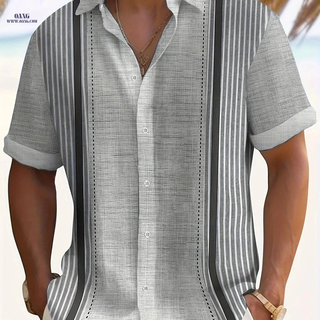 Casual Loose-Fit Men's Summer Shirt - Patchwork Vertical Stripes   OAXG Sea Blue / FR S