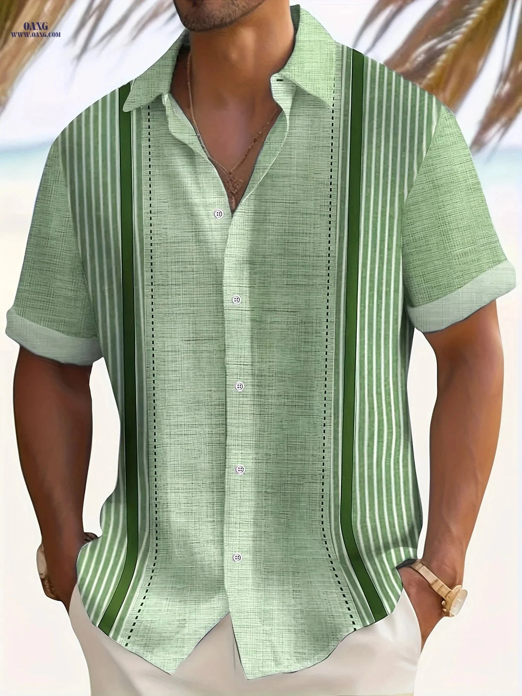 Casual Loose-Fit Men's Summer Shirt - Patchwork Vertical Stripes   OAXG 