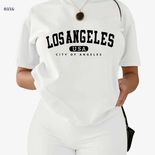 Casual Los Angeles Print Two-Piece Set - Short Sleeve T-Shirt & Shorts   OAXG 