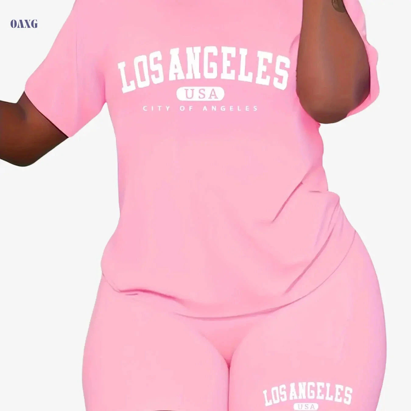 Casual Los Angeles Print Two-Piece Set - Short Sleeve T-Shirt & Shorts   OAXG Black / S