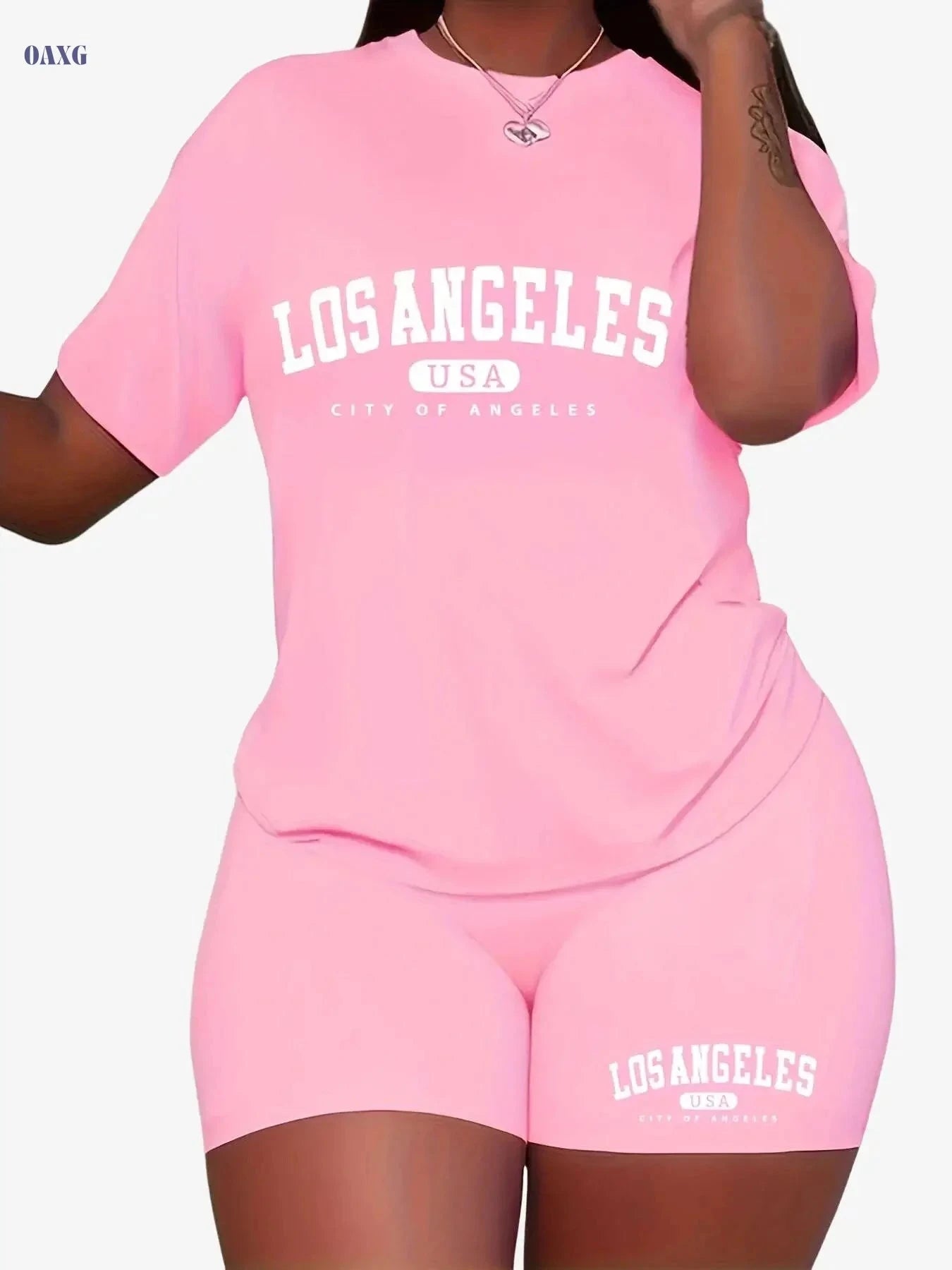 Casual Los Angeles Print Two-Piece Set - Short Sleeve T-Shirt & Shorts   OAXG Black / S
