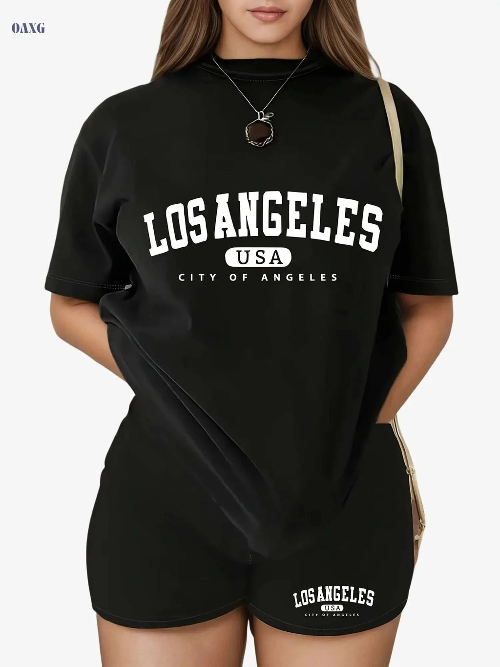 Casual Los Angeles Print Two-Piece Set - Short Sleeve T-Shirt & Shorts   OAXG Black / S