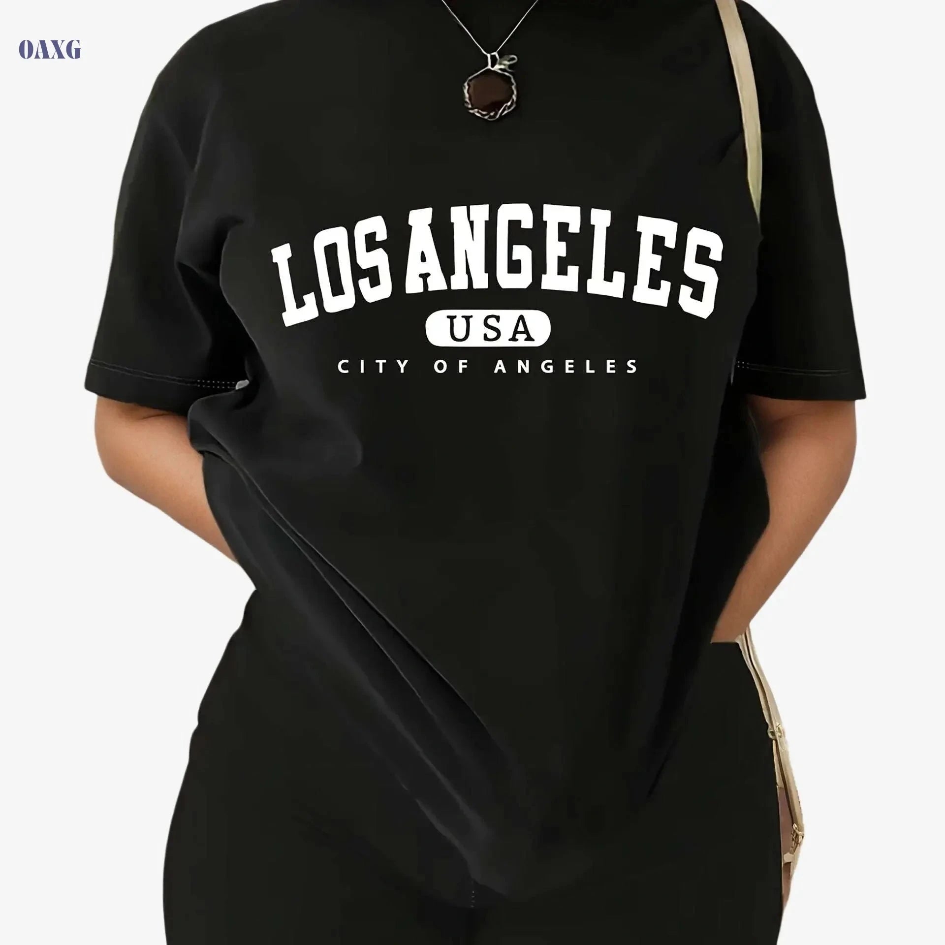 Casual Los Angeles Print Two-Piece Set - Short Sleeve T-Shirt & Shorts   OAXG Black / S