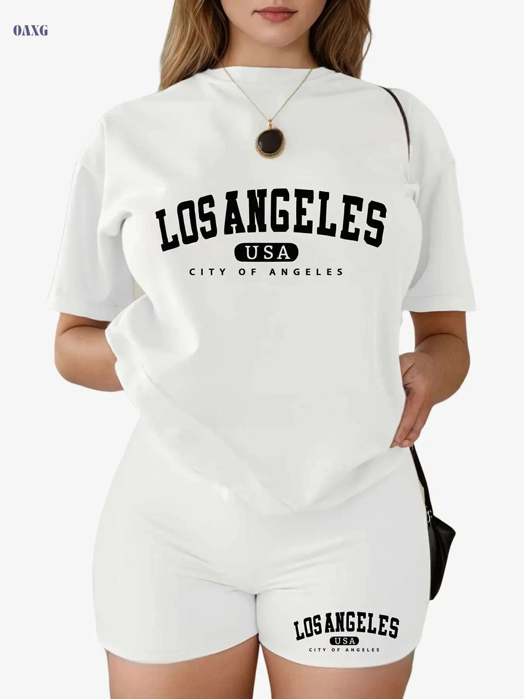 Casual Los Angeles Print Two-Piece Set - Short Sleeve T-Shirt & Shorts   OAXG Black / S