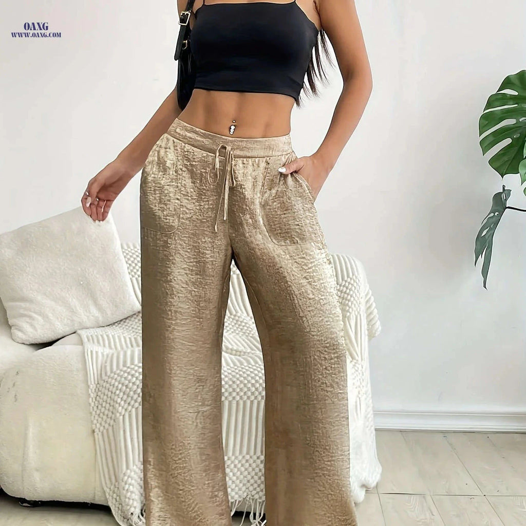 Casual Low Waist Wide Leg Pants - Perfect for Vacation Attire   OAXG Golden / XS