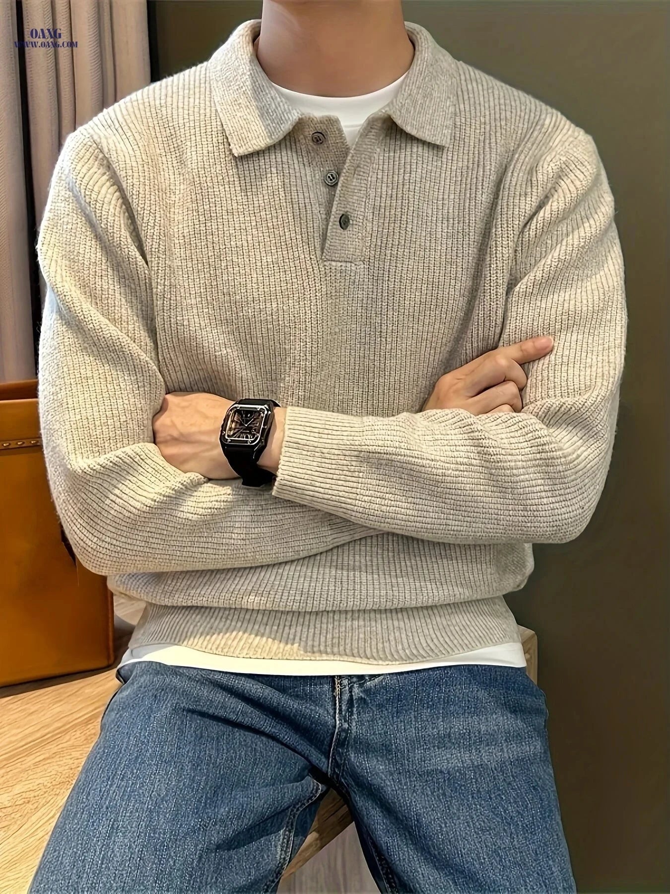 Casual Luxury Men's Polo Shirt - Solid Color Knit Sweater for Fall   OAXG 