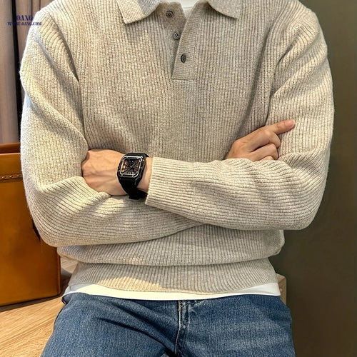 Casual Luxury Men's Polo Shirt - Solid Color Knit Sweater for Fall   OAXG 