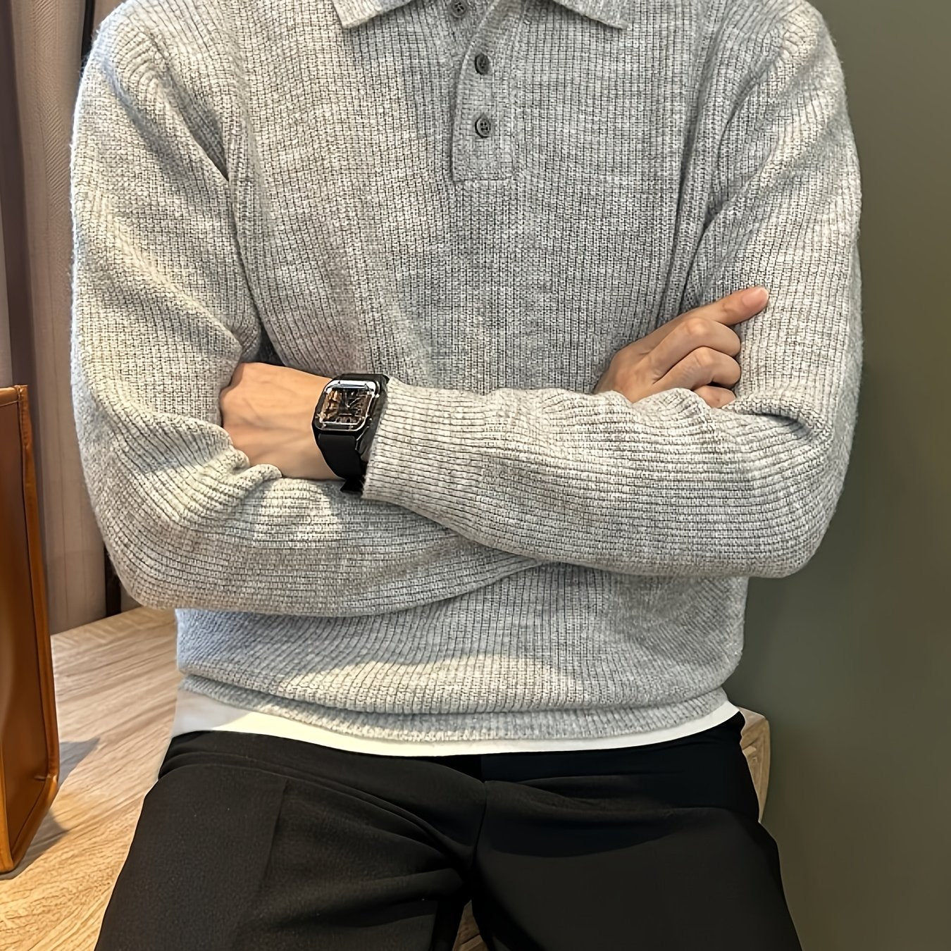 Casual Luxury Men's Polo Shirt - Solid Color Knit Sweater for Fall   OAXG Black Gray / FR XS