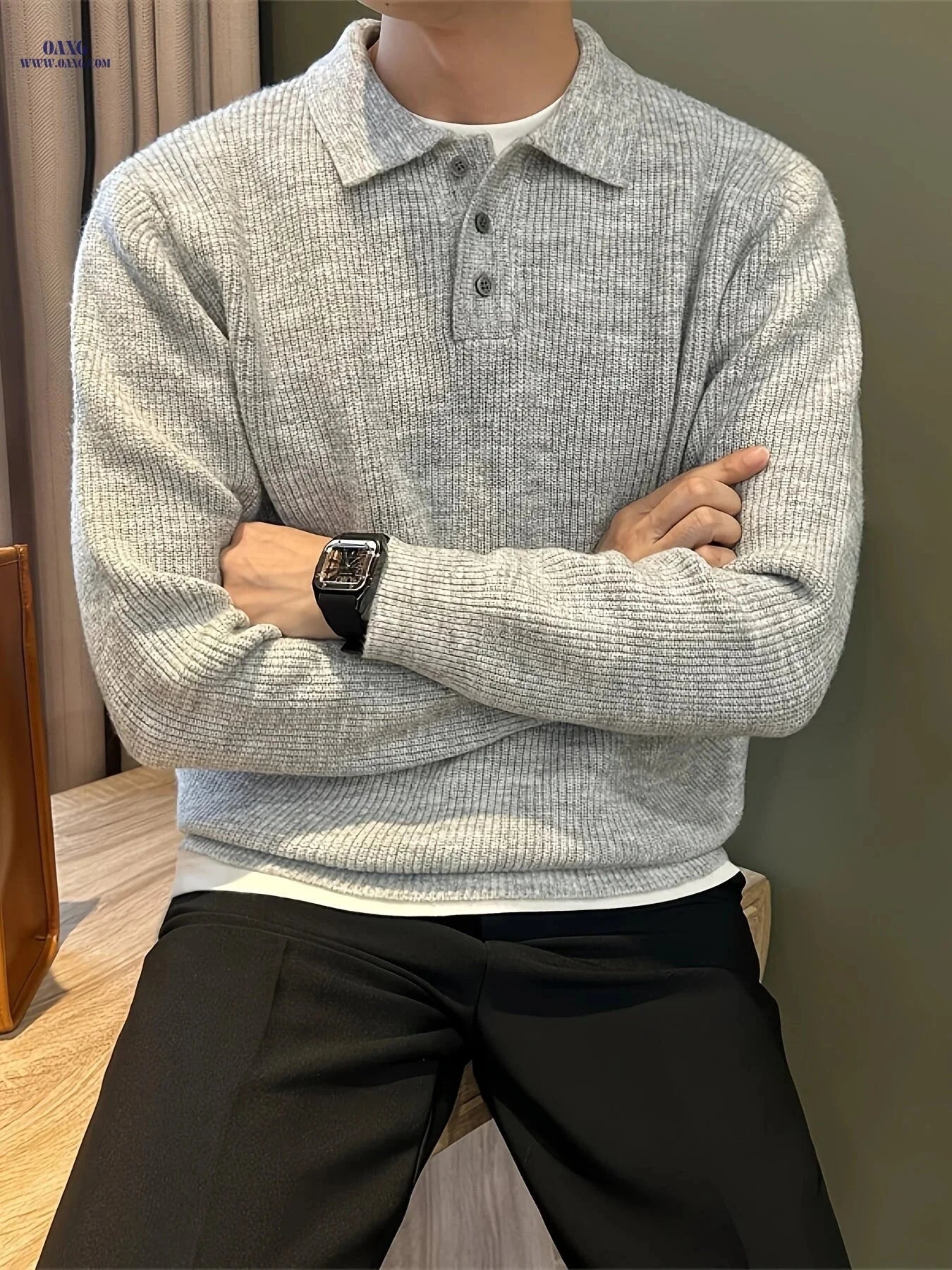Casual Luxury Men's Polo Shirt - Solid Color Knit Sweater for Fall   OAXG Black Gray / FR XS