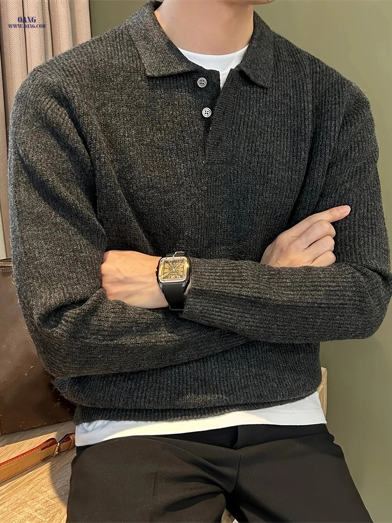Casual Luxury Men's Polo Shirt - Solid Color Knit Sweater for Fall   OAXG Black Gray / FR XS