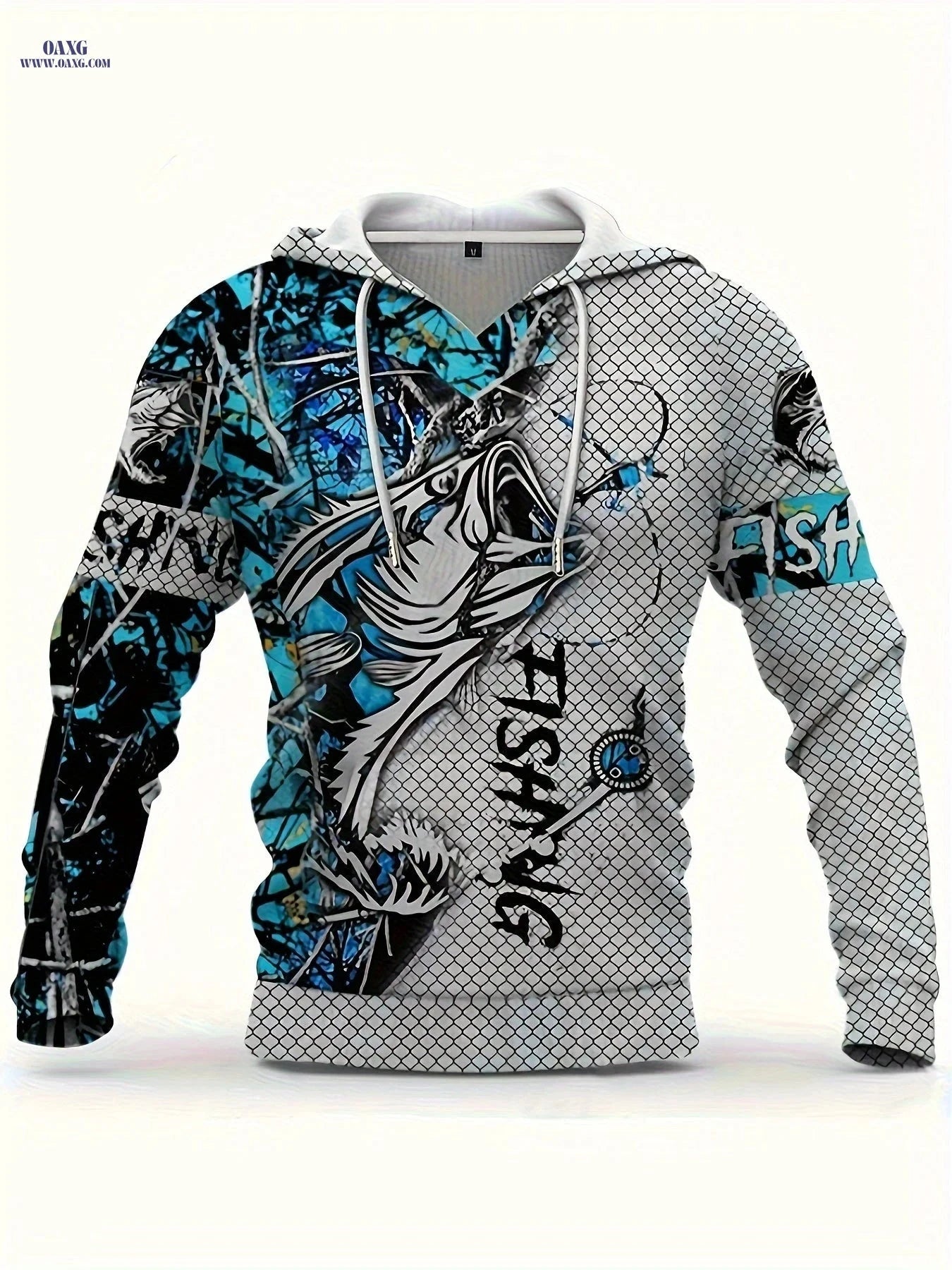 Casual Men's 3D Fish Print Hoodie - Long Sleeve Outdoor Top   OAXG Sky Blue+white+black / FR M