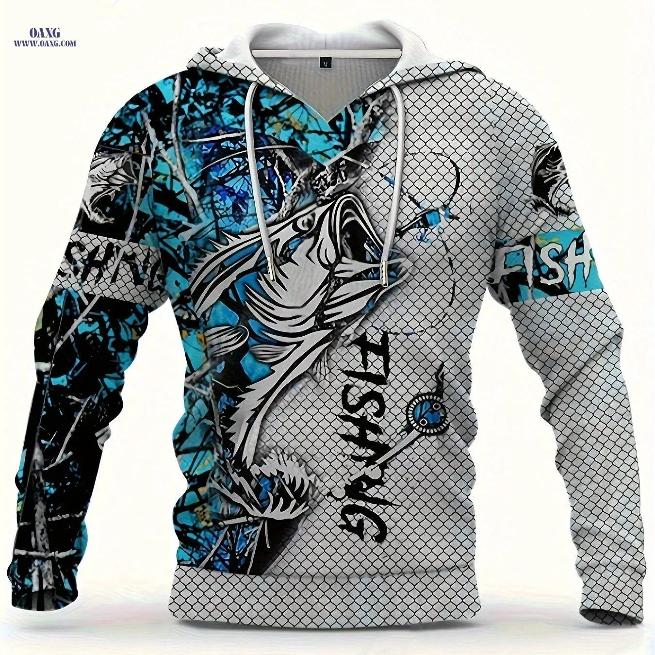 Casual Men's 3D Fish Print Hoodie - Long Sleeve Outdoor Top   OAXG Sky Blue+white+black / FR M