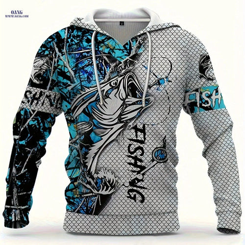 Casual Men's 3D Fish Print Hoodie - Long Sleeve Outdoor Top   OAXG Sky Blue+white+black / FR M