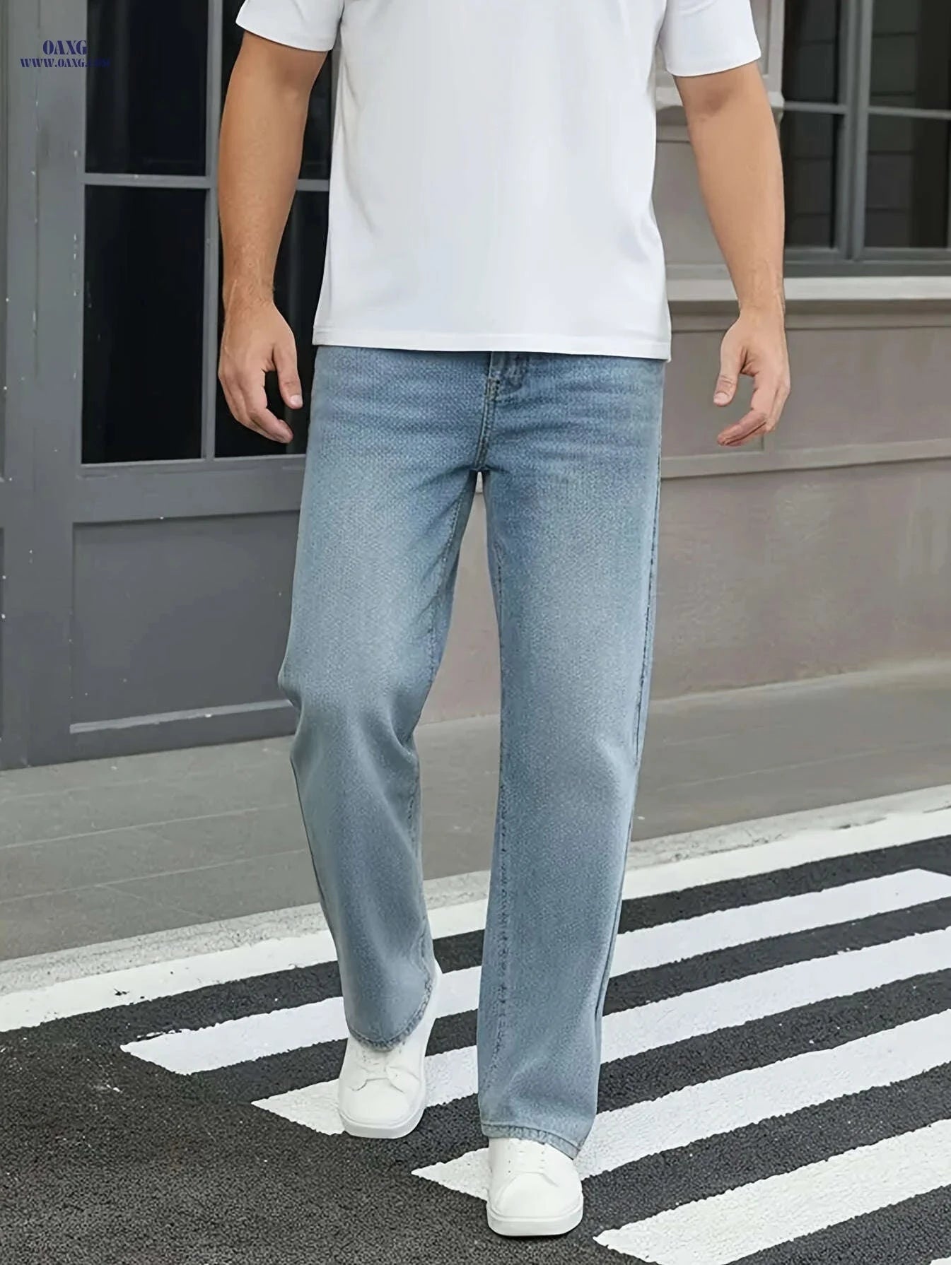 Casual Men's Blue Loose-Fit Oversized Jeans - All-Season Comfort   OAXG 