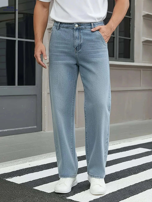 Casual Men's Blue Loose-Fit Oversized Jeans - All-Season Comfort   OAXG Bright Steel Blue / FR 38