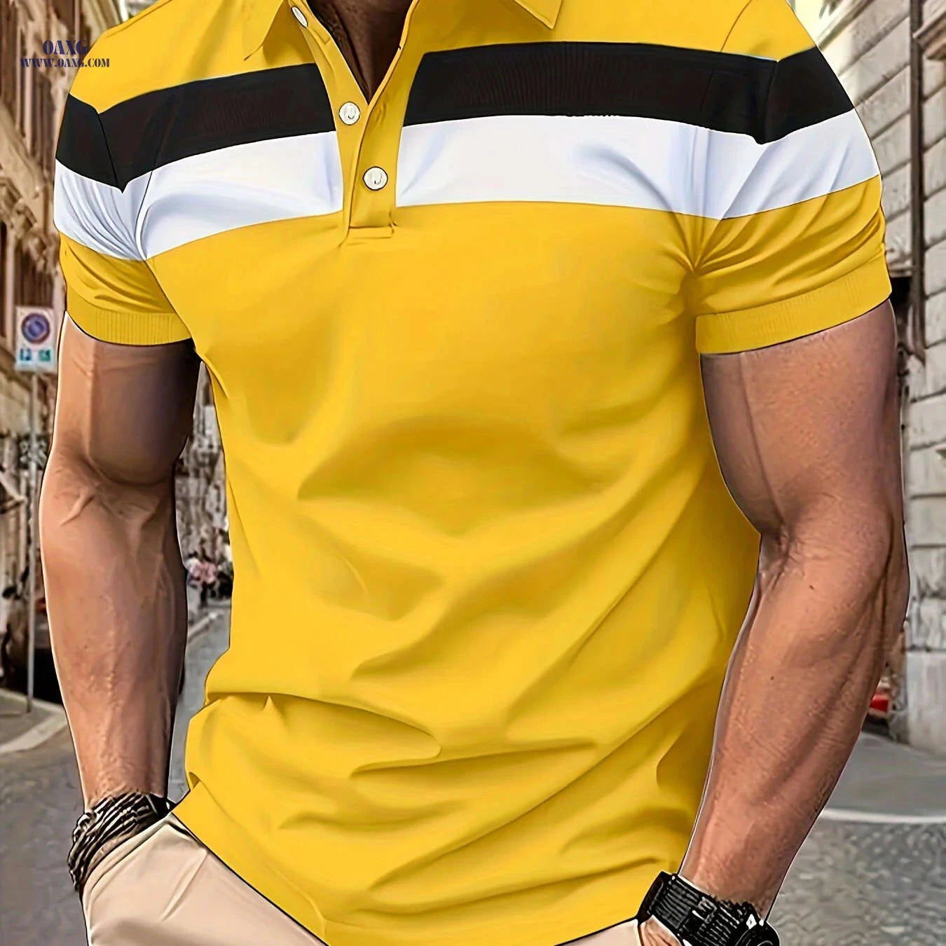 Casual Men's Color Block Short Sleeve Lapel Shirt for Summer Golf   OAXG 